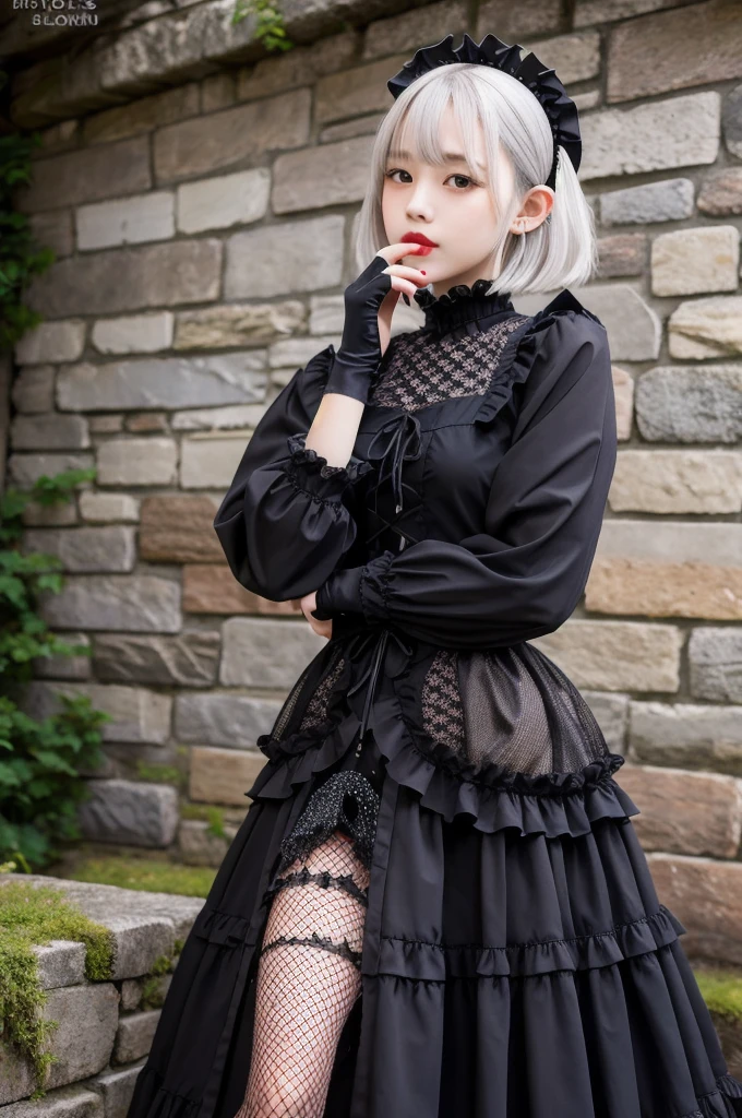 (8K, Photorealistic, Raw photo, Highest quality: 1.4),Japanese idol-style beautiful girl,model,1 person,18-year-old,(Short Bob),(Silver Hair :1.1),She has her hair tucked behind her ears,Headband,Clear grey eyes,Long eyelashes,(piercings(small)),Pale-white foundation,(Lip gloss(Black)),thin long neck,Lace gloves,(gothic ta dress(Frills,Long skirt)),layer,Fishnet tights,A Gothic-style stone building,Stained Glass Background,Full body portrait