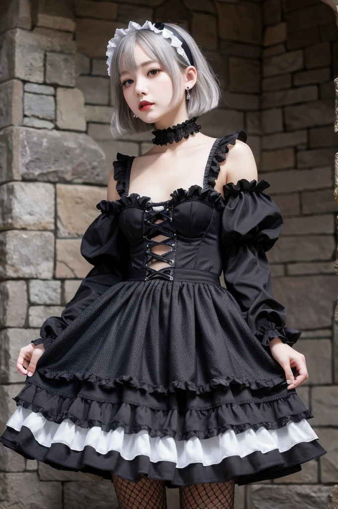 (8K, Photorealistic, Raw photo, Highest quality: 1.4),Japanese idol-style beautiful girl,model,1 person,18-year-old,(Short Bob),(Silver Hair :1.1),She has her hair tucked behind her ears,Headband,Clear grey eyes,Long eyelashes,(piercings(small)),Pale-white foundation,(Lip gloss(Black)),thin long neck,Lace gloves,(gothic lolita dress(Frills,Long skirt)),layer,Fishnet tights,A Gothic-style stone building,Stained Glass Background,Full body portrait