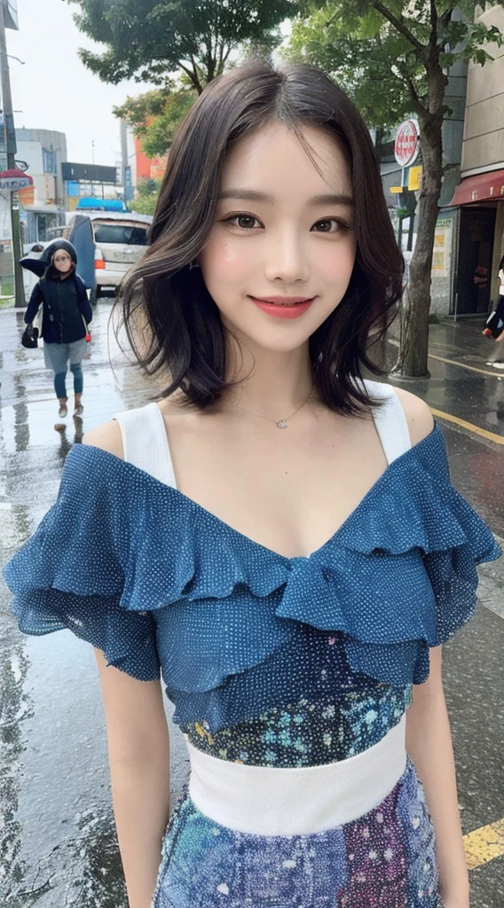((Best Quality, 8K, Masterpiece:1.3)), Focus:1.2, Perfect Body Beauty:1.4, Buttocks:1.2, ((Layered Haircut, Breasts:1.2)), (Wet Clothes:1.1) , (Rain, Street:1.3), Bandeau Dress: 1.1, Highly Detailed Face and Skin Texture, Fine Eyes, Double Eyelids, Whitening Skin, Long Hair, (Shut Up: 1.3), Smile, Pointillism Technique,
(vibrant dots):1.2,
optical mixing, playful patterns,
lively texture, rich colors,
unique visual effect,39 year old