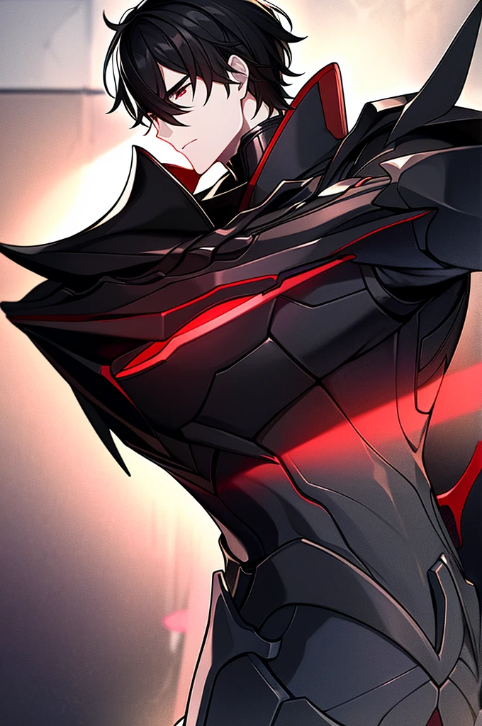 Black haired man with dark eyes and wearing black armor with red details with a black rose With beautiful man face (detailed full HD 4K)