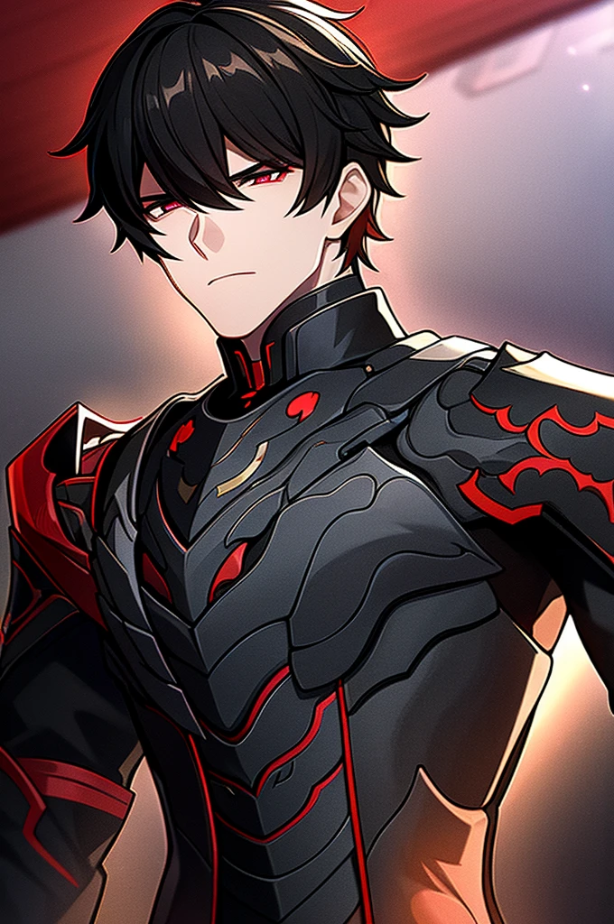 Black haired man with dark eyes and wearing black armor with red details with a black rose With beautiful man face (detailed full HD 4K)