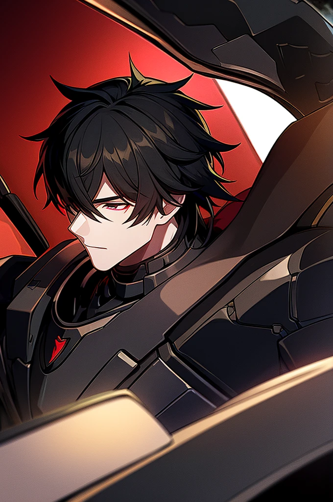 Man with black hair, dark eyes and black armor with red details with a black rose. With the face of a handsome man (detailed in Full HD 4K) 