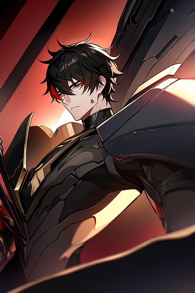 Man with black hair, dark eyes and black armor with red details with a black rose. With the face of a handsome man (detailed in Full HD 4K) 