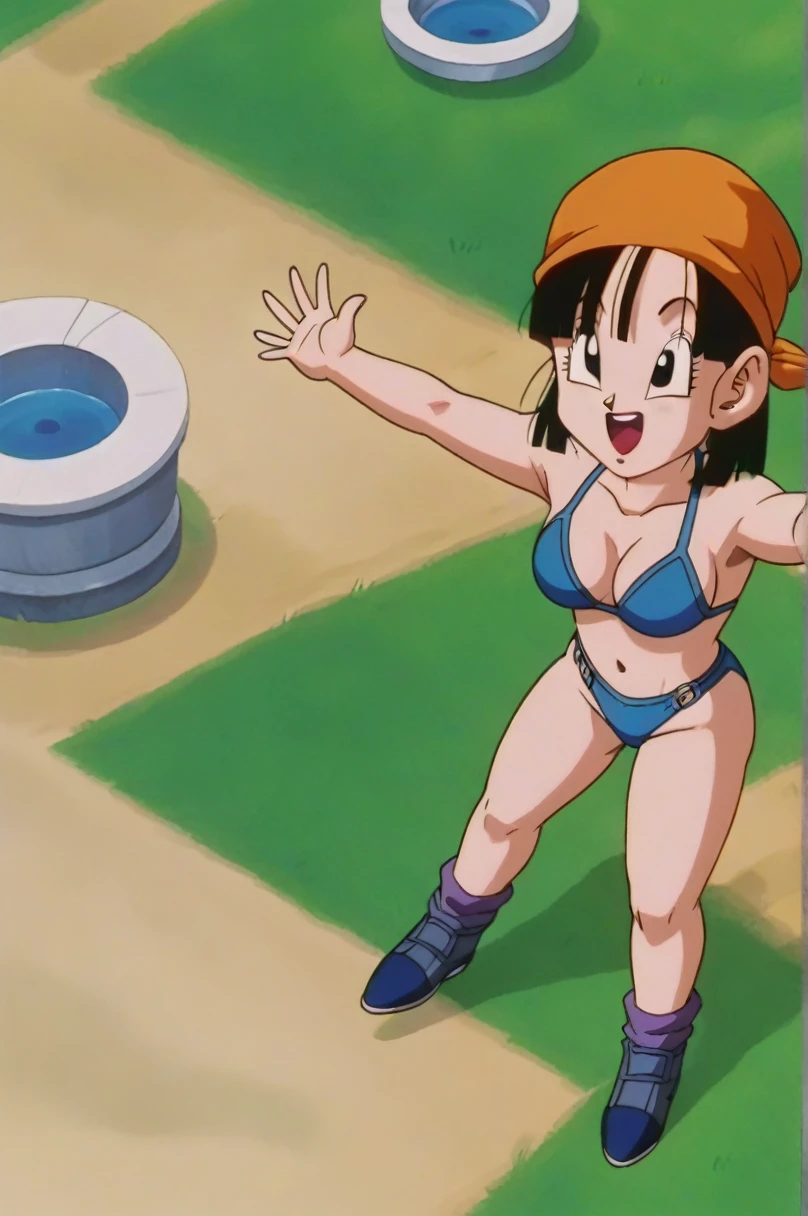 fountain_cheered up, score_9, score_8_above, score_7_above, cheered up screencap,8k, absurd resolution,
Pan \(Dragon Ball\), 1 girl, Alone, looking at the viewer, short hair, hits, black fur, Session, Whole body, black eyes, Denim, retro artstyle, female , v shaped eyebrows, from below, rock, diaphragm, clavicle, 1990s \(style\), sexy body, ass medium, tits medium, sexy ass, medium breasts, medium breasts, vagina, bikini