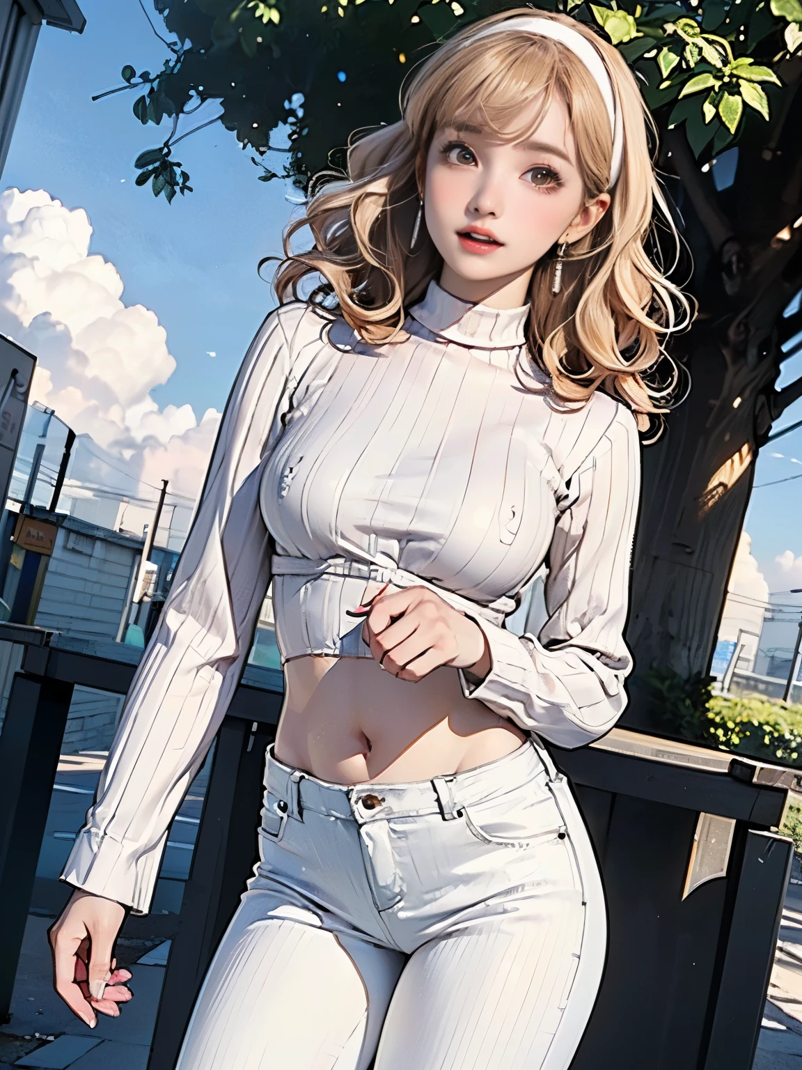 ((((Highest quality))))、(((Ultra-precision CG16K wallpaper)))、(((masterpiece)))、(((Super detailed)))、(((Extreme detail)))、((１Mature 29 year old woman:1.6))、((Very beautiful Japan face of a person))、((Urizane Face:1.8))、((medium soft wavy hair、blunt bangs:1.hiny Blonde:1.5))、A delicately drawn beautiful face、(Dark Eyes、Detailed pupil and iris、Detailed eyelashes、Reflected light from the eye)、double eyelid、High nose、Small nostrils、Small Mouth、Seductive lips、Beautiful breastsp size breasts))、Vertlly button、Delicate nailsutiful feet、((Thin thighs:1.3))、eight-headed body、Perfect proportions、Perfect Anatomy、Perfect composition、Beautiful detailed shading、Beautiful, natural lighting、Beautiful detail glow、Depth of written boundary、(((High chroma)))、(((Real:1.9)))、((vivid:1.5))、((Beautiful Skin))、((Skin Texture))、((Realな皮膚感))、(((Full Shot:1.6)))、(((front view、shoot from front、front low angle:1.6)))、(((Half-open mouth、Puzzled face:1.4)))、(((looking at camera:1.6)))、Bright daylight、Natural light、(((background_Tree-lined street、Sky and Clouds:1.5)))、(Walking pose:1.8)、(((Off-white high-neck long-sleeve ribbed shirt&Low rise skinny pants:1.6)))、((hair band、Wearing earrings:1.5))、