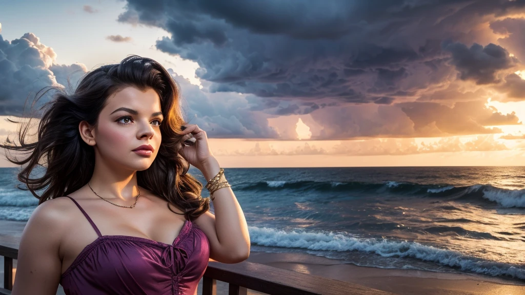 Vintage Photo colours, Masterpiece, judy garland, high resolution, 1 girl, dress, casual dress, storm cloudy windy with lightning sunset, ocean, sky, black_hair, night, long_Hair, bracelet, wandering, small breast, jewelry, surprised expression, looking_in_viewer, blushing, outdoor, Hair_flower, wet, cloudy_sky, flower, shine, Masterpiece, Best Quality, Floating,(high saturation),(colorful splashes),colorful bubble, (shining), best lighting, best shadow,