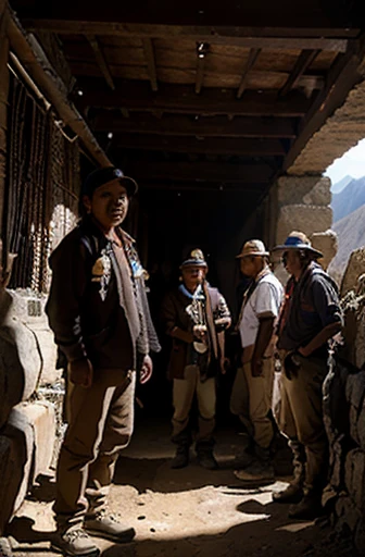 seven people of indigenous origin working in a mine in the mountains of Peru