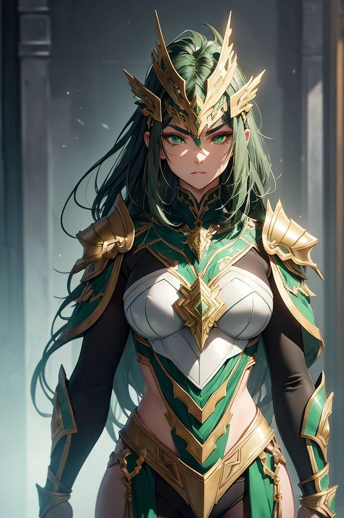 NSFW armor with a greenish-silver glow and gold accents reminiscent of nature, black hair, in gentle waves over your shoulders. Your carved face, with delicate features and a defined jawline and expressive green eyes