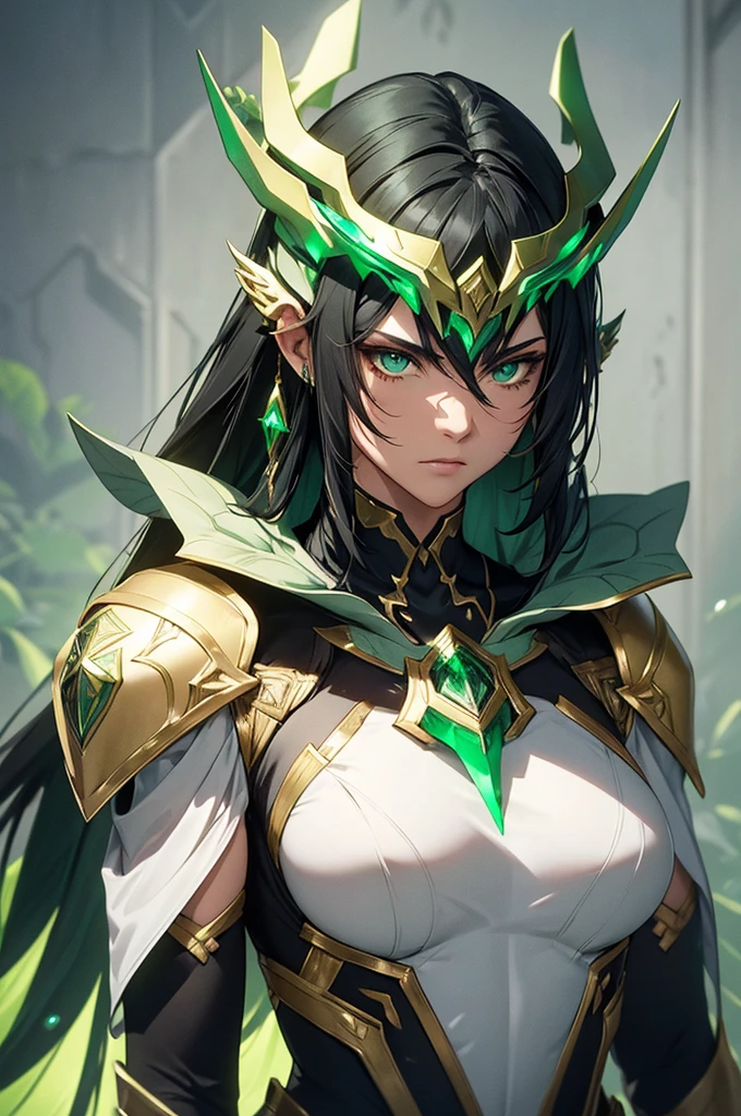 NSFW armor with a greenish-silver glow and gold accents reminiscent of nature, black hair, in gentle waves over your shoulders. Your carved face, with delicate features and a defined jawline and expressive green eyes