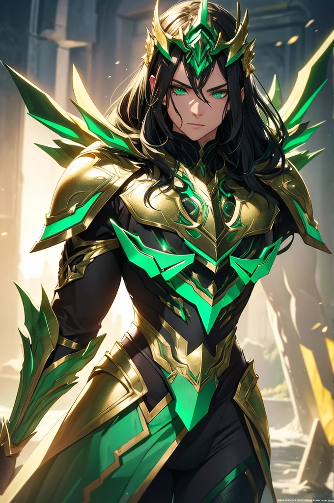 NSFW armor with a greenish-silver glow and gold accents reminiscent of nature, black hair, in gentle waves over your shoulders. Your carved face, with delicate features and a defined jawline and expressive green eyes