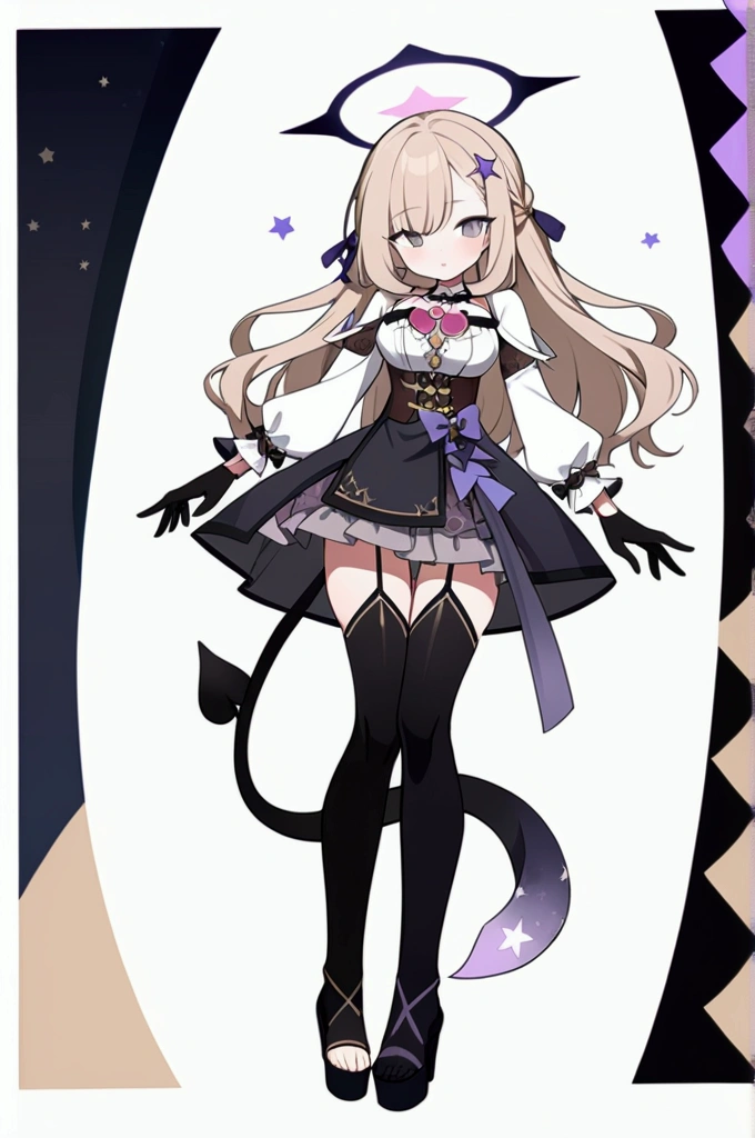 woman 170 cm tall. medium chest, wide hip, slim build, ((whole body)). (((character design sheet: front view))). (dark blonde hair, (hip-length wavy hair with asymmetrical bangs, star hairpin), (She has a short braid tied with an elegant purple ribbon on the left side of her hair above her chest). (She has a short braid tied with an elegant purple ribbon on the right side of her hair above her chest). She has small hair ties in the back of her hair..). ((Gray eyes with a pink 4-pointed star in the pupil)). Two black and purple serval ears located on the top of the head. (Luminous black halo with purple star patterns above his head). He has a black collar with a heart emblem on his neck.. (Elegant long one piece dress, thigh-length lace and ruffle skirt, ribbon decorations and star patterns on the dress). black gloves, beautiful black platform heels. gray belt at the waist with a large ribbon with a luminous pink heart in the middle. (It has a beautiful succubus tail that ends in a small purple star at the tip..). ((It has complex mecha legs that reach up to the thighs and are black with small purple details..)). beautiful detailed hair, beautiful detailed dress. extremely detailed arms. extremely detailed face, small face, Beautiful detailed eyes, beautiful detailed lips. adorable. extremely detailed legs. (Best Quality, 4k, high resolution), ultra detailed, Exquisite and epic character art, ((White background)). (Focus on symmetry).