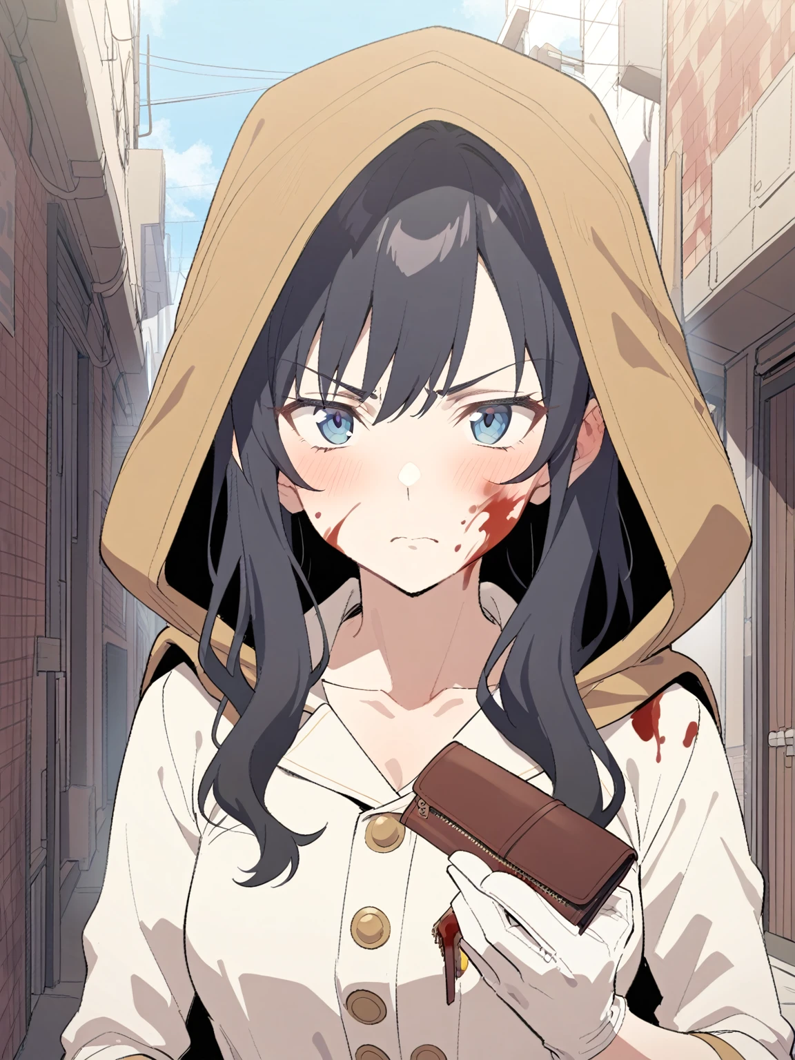 {{upper body}} {{Artist: sincos}} 1girl, mature female, blue eyes, medium length black hair, white jumpsuit with golden buttons, black hood over head, white belt, black cape, white bloodied gloves, blood on face, serious expression, holding wallet out, outdoors, day, alley