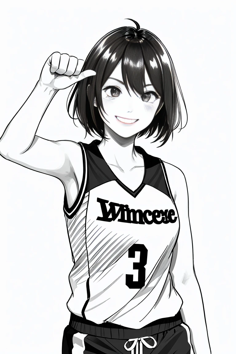masterpiece,, One Girl, alone, short, White Background, Monochrome, Line art, ((sketch))、Look forward、Wearing a basketball uniform、smile、Is making a fist pump、Bob Hair、Winking