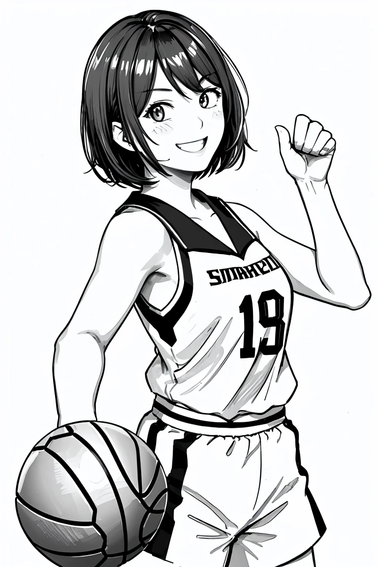 masterpiece,, One Girl, alone, short, White Background, Monochrome, Line art, ((sketch))、Look forward、Wearing a basketball uniform、smile、Is making a fist pump、Bob Hair、Winking