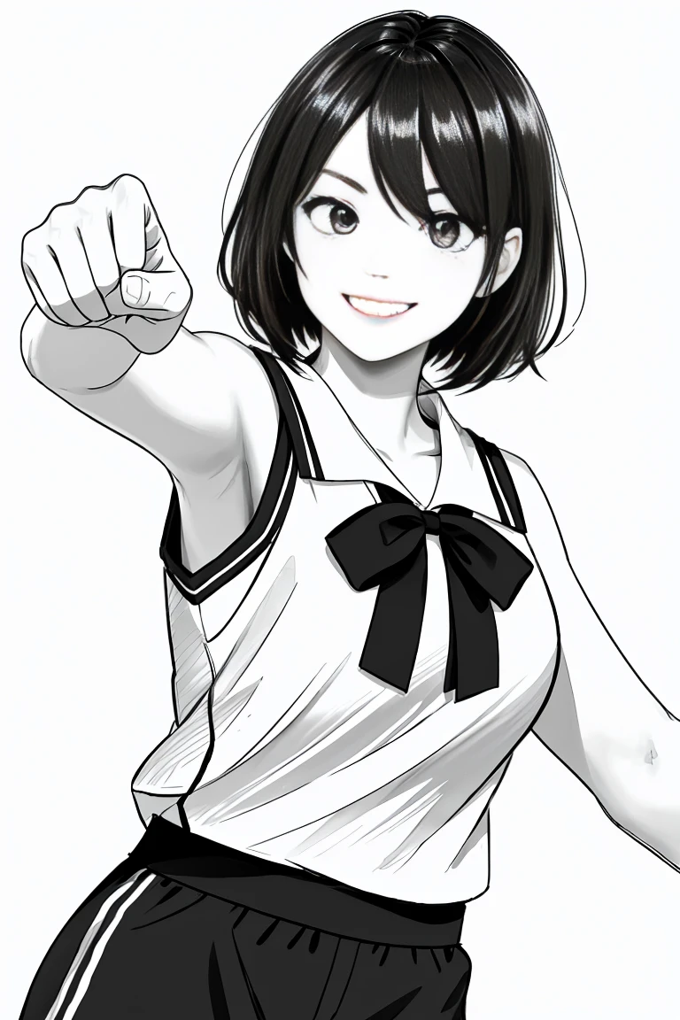 masterpiece,, One Girl, alone, short, White Background, Monochrome, Line art, ((sketch))、Look forward、Wearing a basketball uniform、smile、Is making a fist pump、Bob Hair、Winking