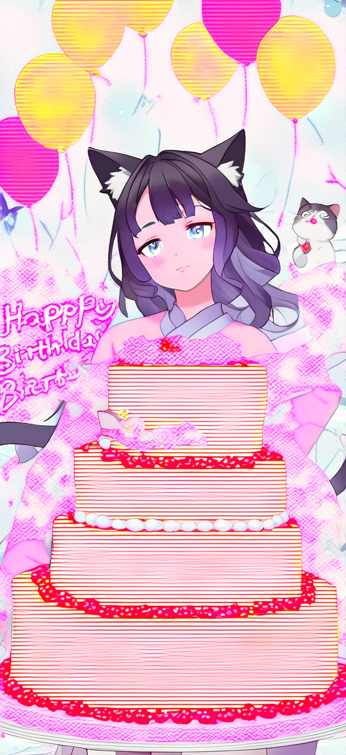 birthdaycakeをもって笑っている、cute、Happy Birthday、Sleepy、Confused eyes、Long wavy hair、Cat ear、kimono、birthday、cake, 8k high quality detailed art, Detailed fan art