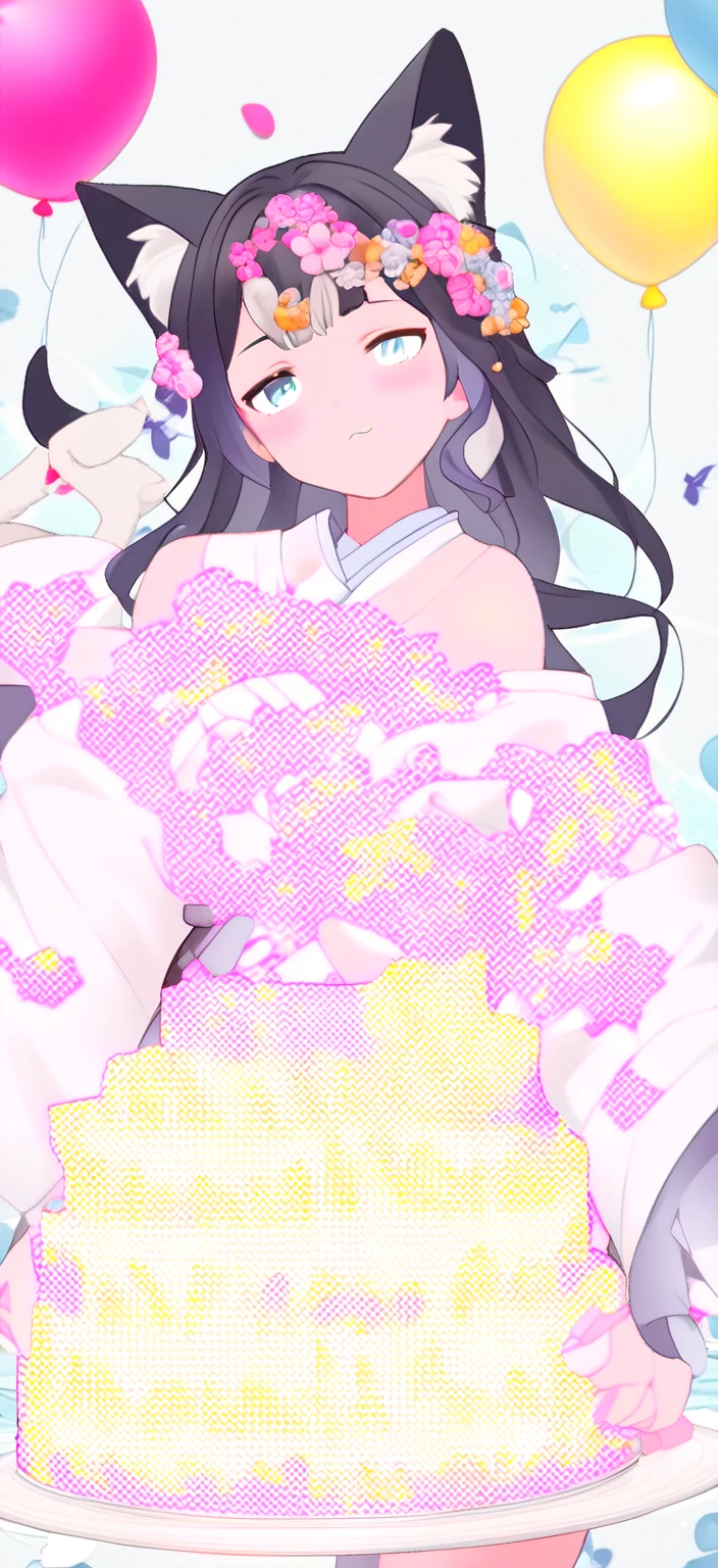 birthdaycakeをもって笑っている、cute、Happy Birthday、Sleepy、Confused eyes、Long wavy hair、Cat ear、kimono、birthday、cake, 8k high quality detailed art, Detailed fan art