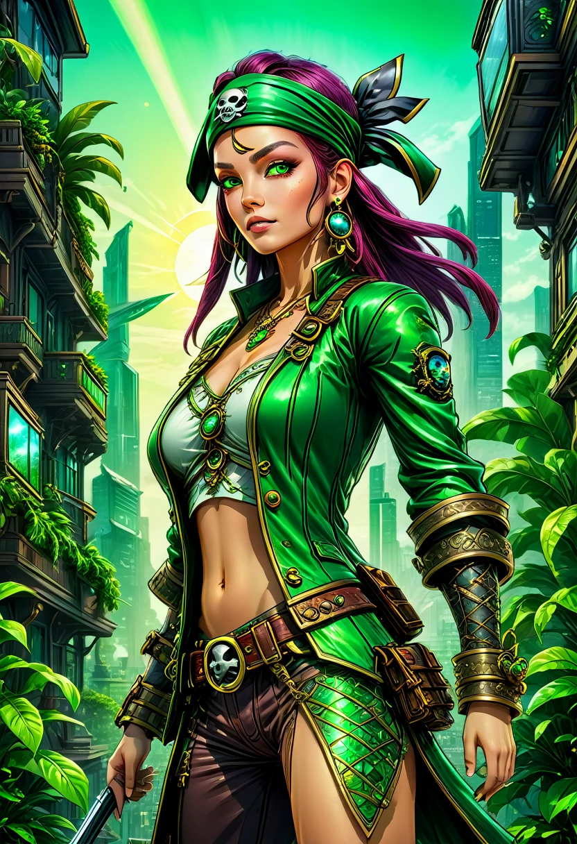 a high quality digital illustration of a (green pirate), hyper detailed, solarpunk aesthetic, 8k resolution, vibrant colors, futuristic technology, lush greenery, pirate attire, cybernetic enhancements, advanced solar-powered gadgets, intricate patterns, bustling cityscape in the background, dramatic lighting, dynamic pose, ornate accessories, a sense of adventure and sustainability, unique character design.