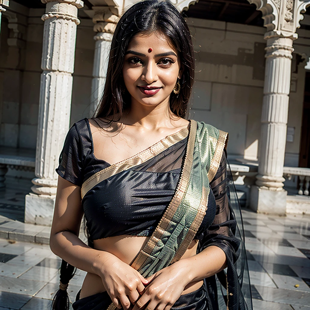 A Solo Beautiful Mature Hot Indian Bhabhi Women (Perfect Wearing Sarees). wearing Black Blouses and Black Sarees ,Black Lipstick , Little Chubby . Smiling Face. Huge and Big .( Standing )( Realistic ).( Outside Views ).