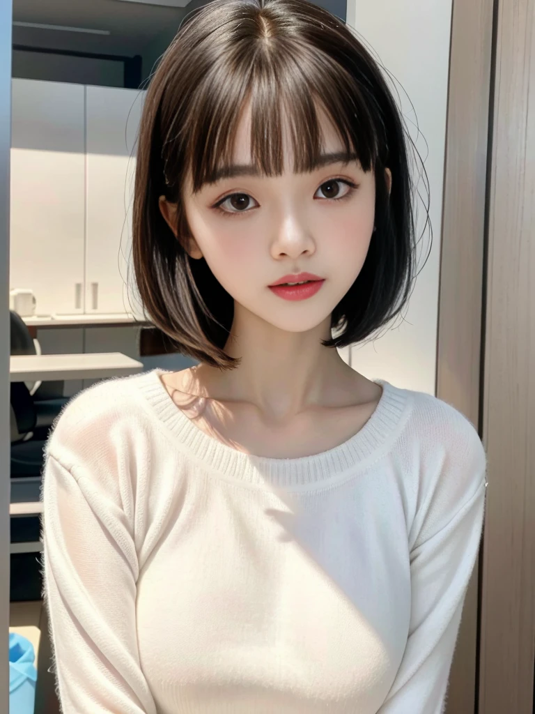 Selfie、Close-up of a woman wearing a white sweater, neat hair With bangs, short detailed hair, Baiji haircut hairstyle, short detailed hair With bangs, south east asian with round face, Cute and delicate face of girl, With bangs, Korean girls, Young cute asian face, Korean symmetrical face, middle parted bangs, Avatar profile picture，the background is clean