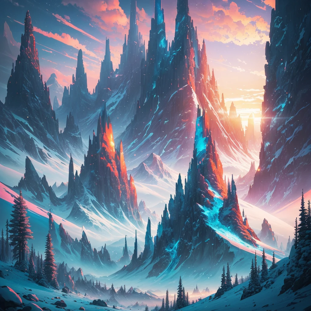 a sunset view of mountains and trees in the distance, a digital painting inspired by Mike Winkelmann, trending on behance, pixel art, beeple and mike winkelmann, realism | beeple, mountainscape, mountain sunrise, art contest winner on behance, digital art. artstation, beeple daily art, mountains and sunset!!