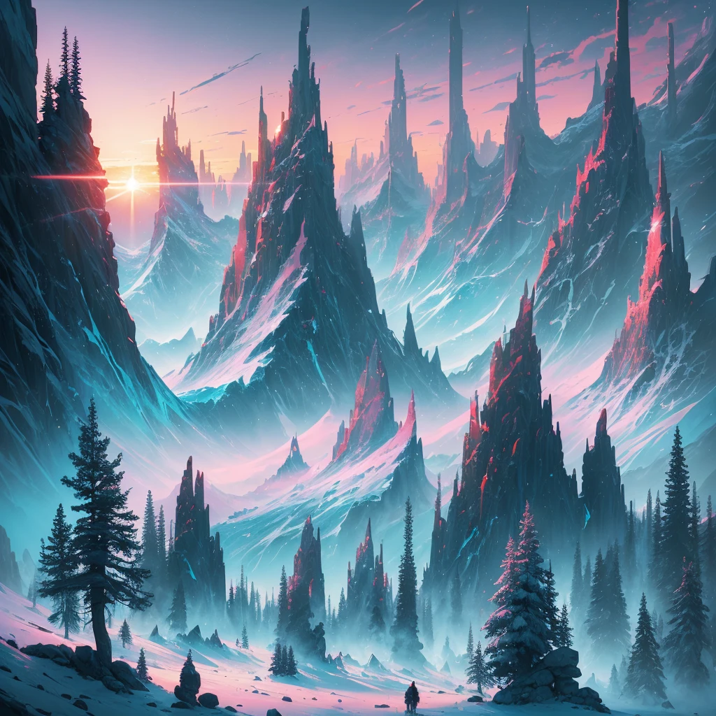 a sunset view of mountains and trees in the distance, a digital painting inspired by Mike Winkelmann, trending on behance, pixel art, beeple and mike winkelmann, realism | beeple, mountainscape, mountain sunrise, art contest winner on behance, digital art. artstation, beeple daily art, mountains and sunset!!