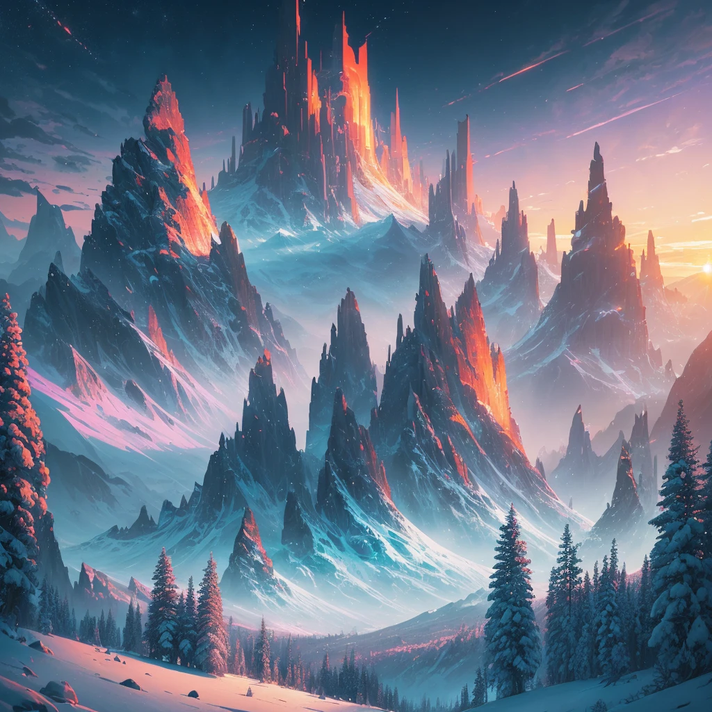 a sunset view of mountains and trees in the distance, a digital painting inspired by Mike Winkelmann, trending on behance, pixel art, beeple and mike winkelmann, realism | beeple, mountainscape, mountain sunrise, art contest winner on behance, digital art. artstation, beeple daily art, mountains and sunset!!