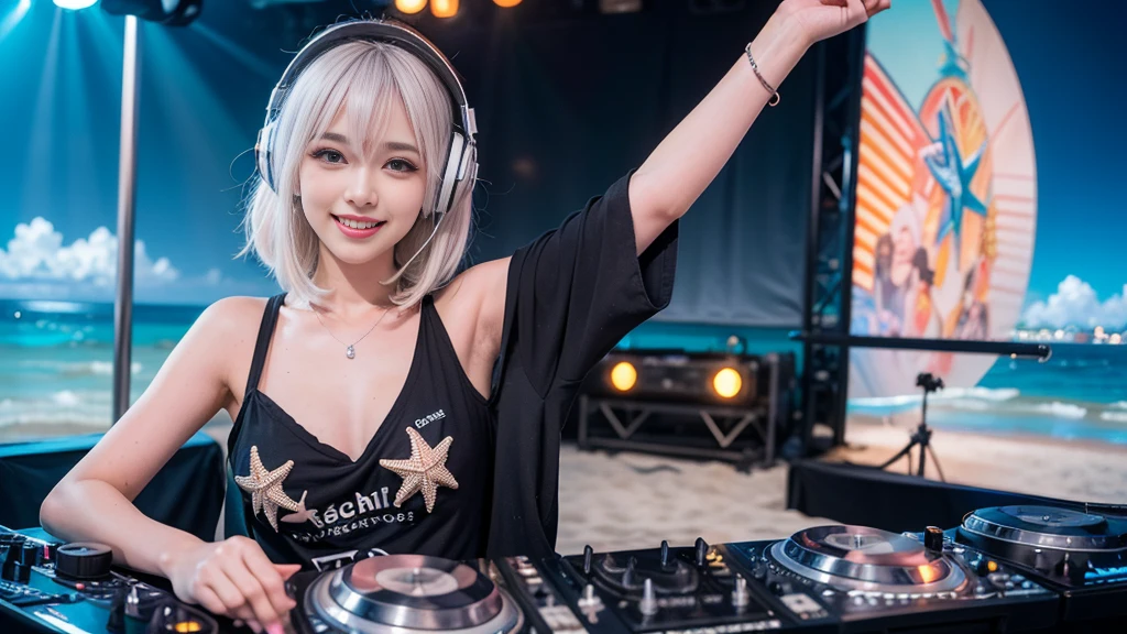 (ultra - detailed, 16K resolution, Cinema lenses, rendering by octane), (high resolution:1.18), intricate detail, (masterpiece:1.1), (highest quality:1.1), (1girl, portrait, white hair, blue eyes, short hair, detailed eyes),Wearing silver DJ headphones, sequined T-shirt, (in the beach:1.5), (Iconic hip-hop pop costumes:1.3), Smile while DJing on stage, DJ studio next to the beach, ((A stylish DJ stage on a hill overlooking the beach)), full body shot, Photorealistic photography by Sunshine, (cute round face:1.3), perfect fingers, five fingers, beautiful hands, perfect hands. master peace, cute smile.