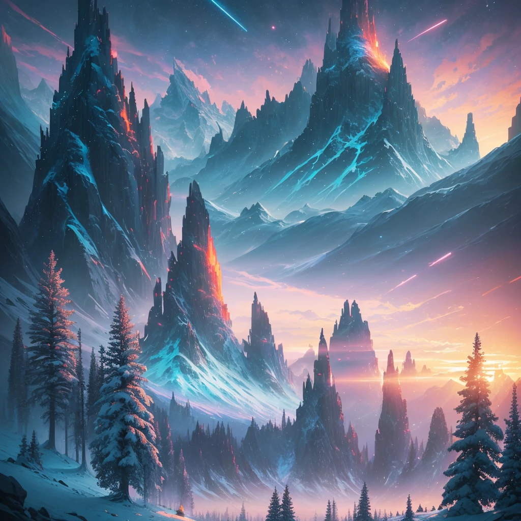 a sunset view of mountains and trees in the distance, a digital painting inspired by Mike Winkelmann, trending on behance, pixel art, beeple and mike winkelmann, realism | beeple, mountainscape, mountain sunrise, art contest winner on behance, digital art. artstation, beeple daily art, mountains and sunset!!