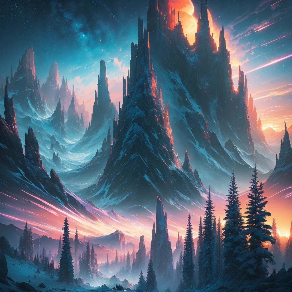 a sunset view of mountains and trees in the distance, a digital painting inspired by Mike Winkelmann, trending on behance, pixel art, beeple and mike winkelmann, realism | beeple, mountainscape, mountain sunrise, art contest winner on behance, digital art. artstation, beeple daily art, mountains and sunset!!