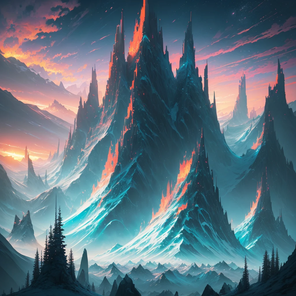 a sunset view of mountains and trees in the distance, a digital painting inspired by Mike Winkelmann, trending on behance, pixel art, beeple and mike winkelmann, realism | beeple, mountainscape, mountain sunrise, art contest winner on behance, digital art. artstation, beeple daily art, mountains and sunset!!
