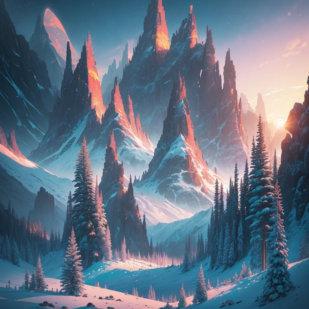 a sunset view of mountains and trees in the distance, a digital painting inspired by Mike Winkelmann, trending on behance, pixel art, beeple and mike winkelmann, realism | beeple, mountainscape, mountain sunrise, art contest winner on behance, digital art. artstation, beeple daily art, mountains and sunset!!