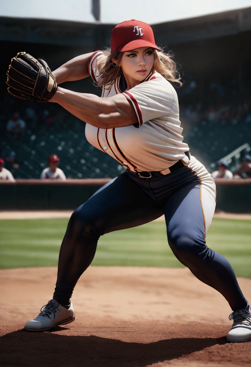 busty baseball player in baseball uniforms, big breasts, ultra-realistic, photorealistic, highly detailed, 8k, best quality, masterpiece, realistic skin texture, extreme detail, muscular female athlete, dynamic pose, action, baseball uniform, baseball diamond background, dramatic lighting, vibrant colors, cinematic composition