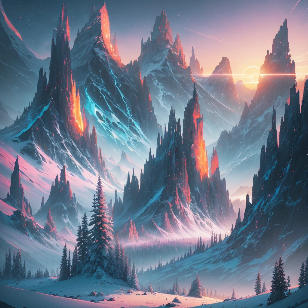 a sunset view of mountains and trees in the distance, a digital painting inspired by Mike Winkelmann, trending on behance, pixel art, beeple and mike winkelmann, realism | beeple, mountainscape, mountain sunrise, art contest winner on behance, digital art. artstation, beeple daily art, mountains and sunset!!