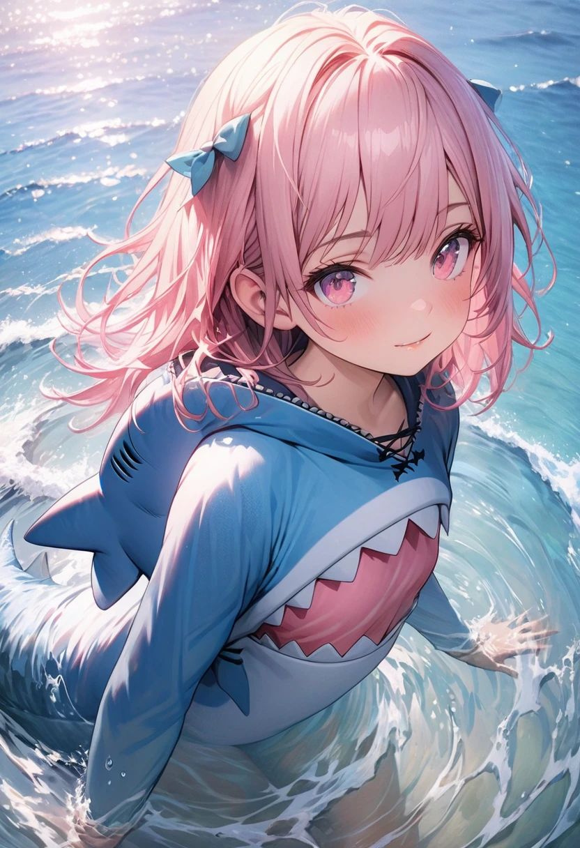 masterpiece, Highest quality, Highly detailed CG Unity 8k wallpaper, Illustration of a cute girl in a shark costume. Playing in the sea. Sunlight reflecting off the sea, Produce a variety of colors. The background is a realistic representation,Pink long bob hair,Pink Eyes,