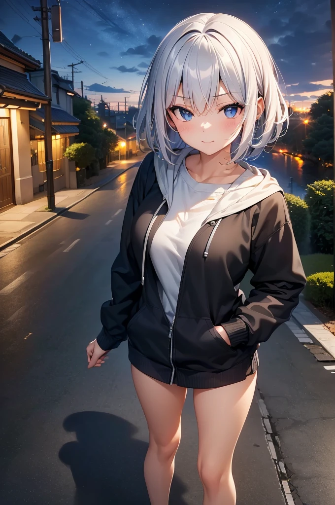 (masterpiece), (best quality), (ultra detailed), (high res 8K), 1 girl, late teenage, standing, contrappost, full body, low angle, hoody, mini-skirt, (katana), short hair, silver hair, serious, looking away, cityscape in Tokyo, night, rim lighting, high contrast, professional lighting, stunning face, symmetrical clear eyes, detailed eyes and face,(near future)