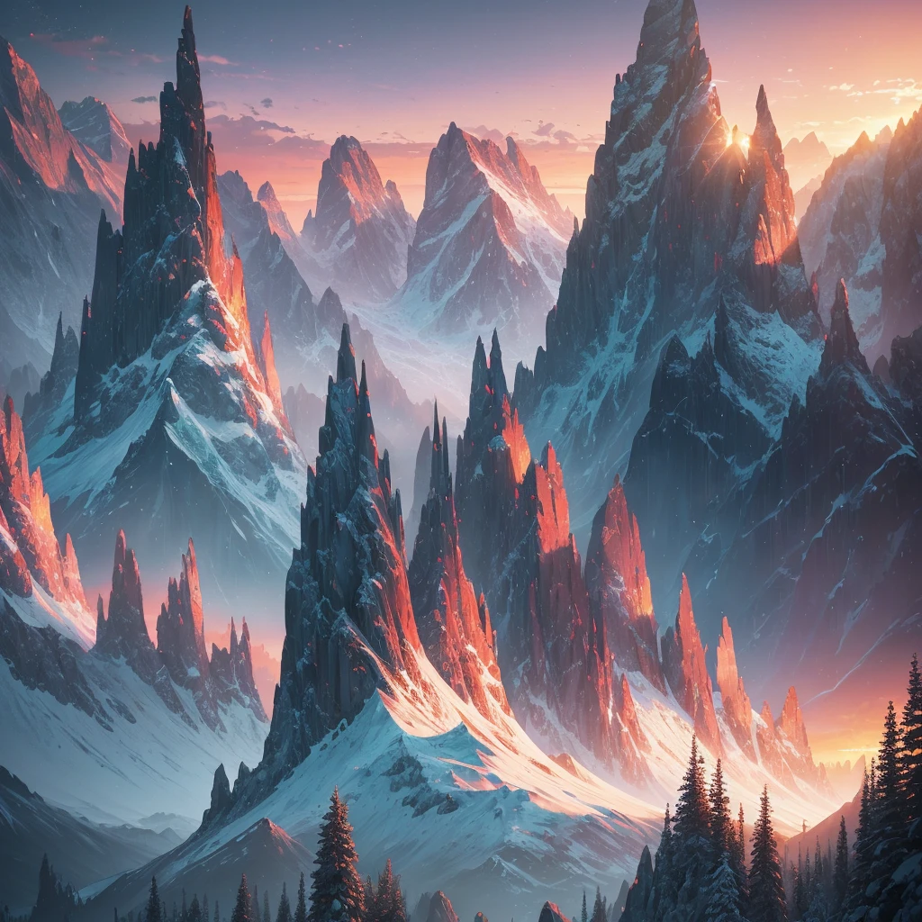 a sunset view of mountains and trees in the distance, a digital painting inspired by Mike Winkelmann, trending on behance, pixel art, beeple and mike winkelmann, realism | beeple, mountainscape, mountain sunrise, art contest winner on behance, digital art. artstation, beeple daily art, mountains and sunset!!