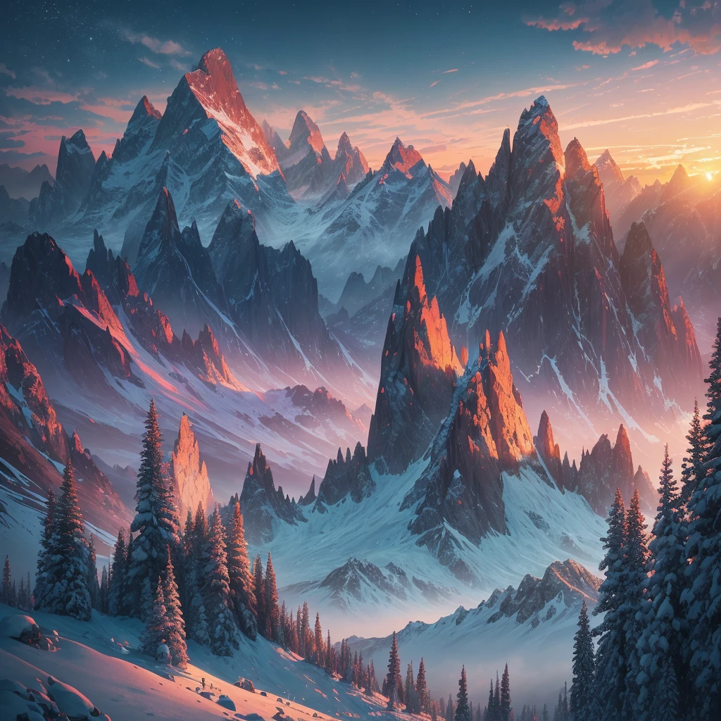 a sunset view of mountains and trees in the distance, a digital painting inspired by Mike Winkelmann, trending on behance, pixel art, beeple and mike winkelmann, realism | beeple, mountainscape, mountain sunrise, art contest winner on behance, digital art. artstation, beeple daily art, mountains and sunset!!