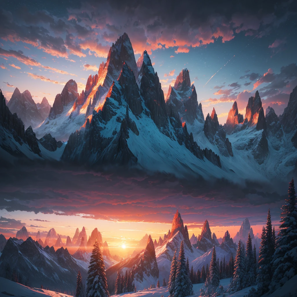 a sunset view of mountains and trees in the distance, a digital painting inspired by Mike Winkelmann, trending on behance, pixel art, beeple and mike winkelmann, realism | beeple, mountainscape, mountain sunrise, art contest winner on behance, digital art. artstation, beeple daily art, mountains and sunset!!