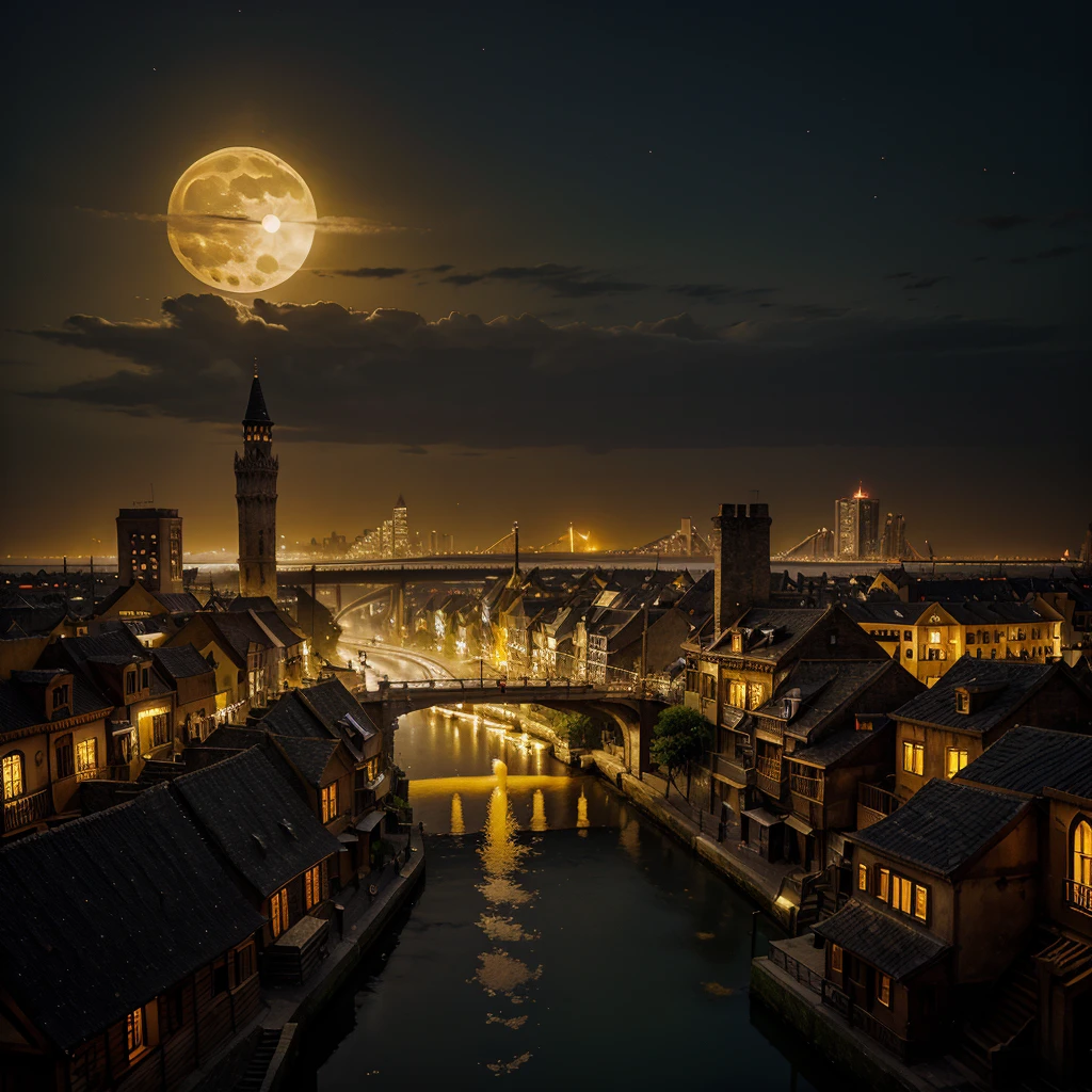 generates the photograph of a fantasy city , with yellow lighting, orange and warm on a full moon evening