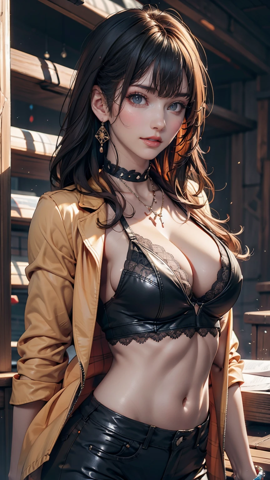 masterpiece, Highest quality, Dynamic pose, Dynamic Angle, Remains, Dynamic Background, Multicolored background, One girl, Are standing、24-year-old woman、Silver Hair、Girl wearing a spiked collar、24 year old Caucasian female、Sexy proportions、Punk rock fashion、Sexy lace-decorated bra、Leather jacket、Leather leggings、Flashy makeup、long hair、rosary necklace、rosary earrings、Put a spiked bracelet on your wrist、Shortcuts