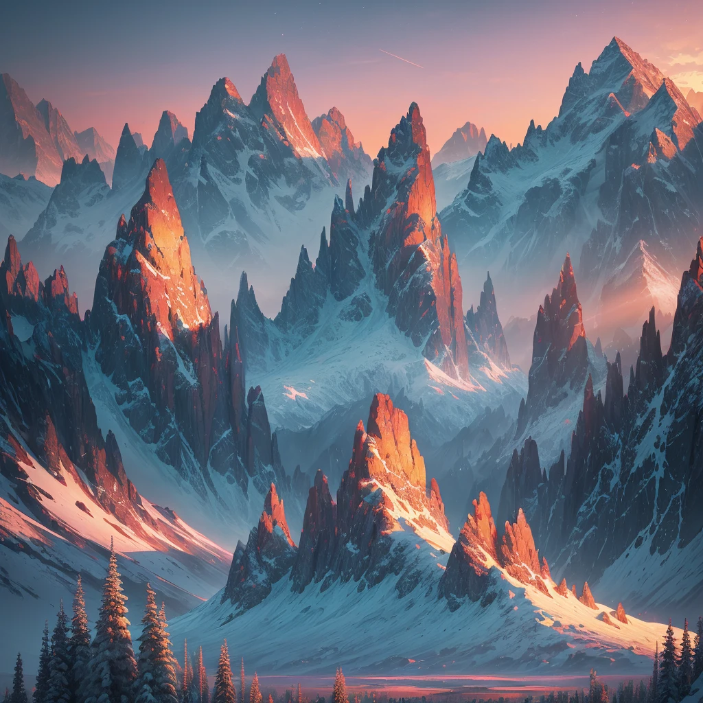 a sunset view of mountains and trees in the distance, a digital painting inspired by Mike Winkelmann, trending on behance, pixel art, beeple and mike winkelmann, realism | beeple, mountainscape, mountain sunrise, art contest winner on behance, digital art. artstation, beeple daily art, mountains and sunset!!