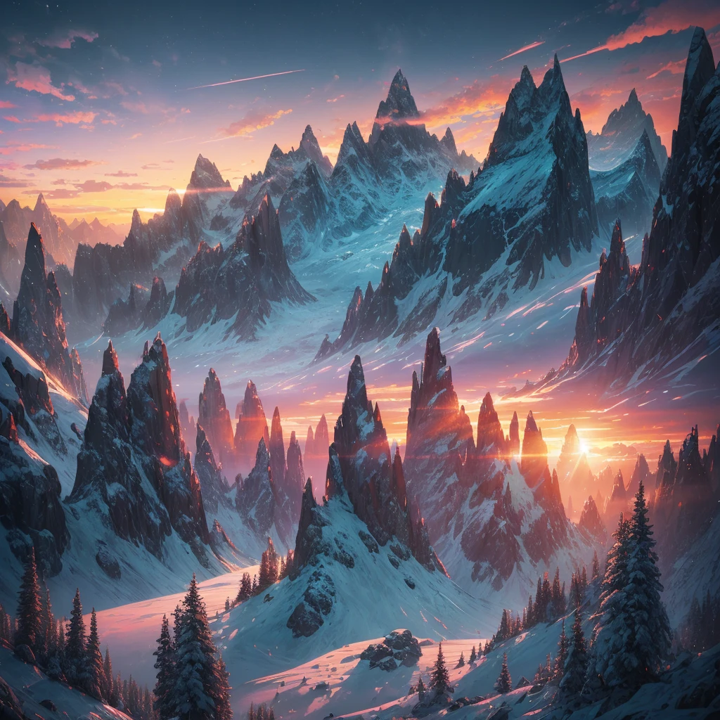 a sunset view of mountains and trees in the distance, a digital painting inspired by Mike Winkelmann, trending on behance, pixel art, beeple and mike winkelmann, realism | beeple, mountainscape, mountain sunrise, art contest winner on behance, digital art. artstation, beeple daily art, mountains and sunset!!