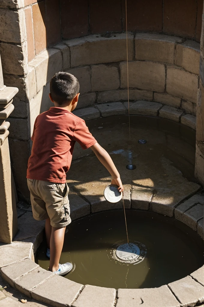 Boy throwing a coin into the well