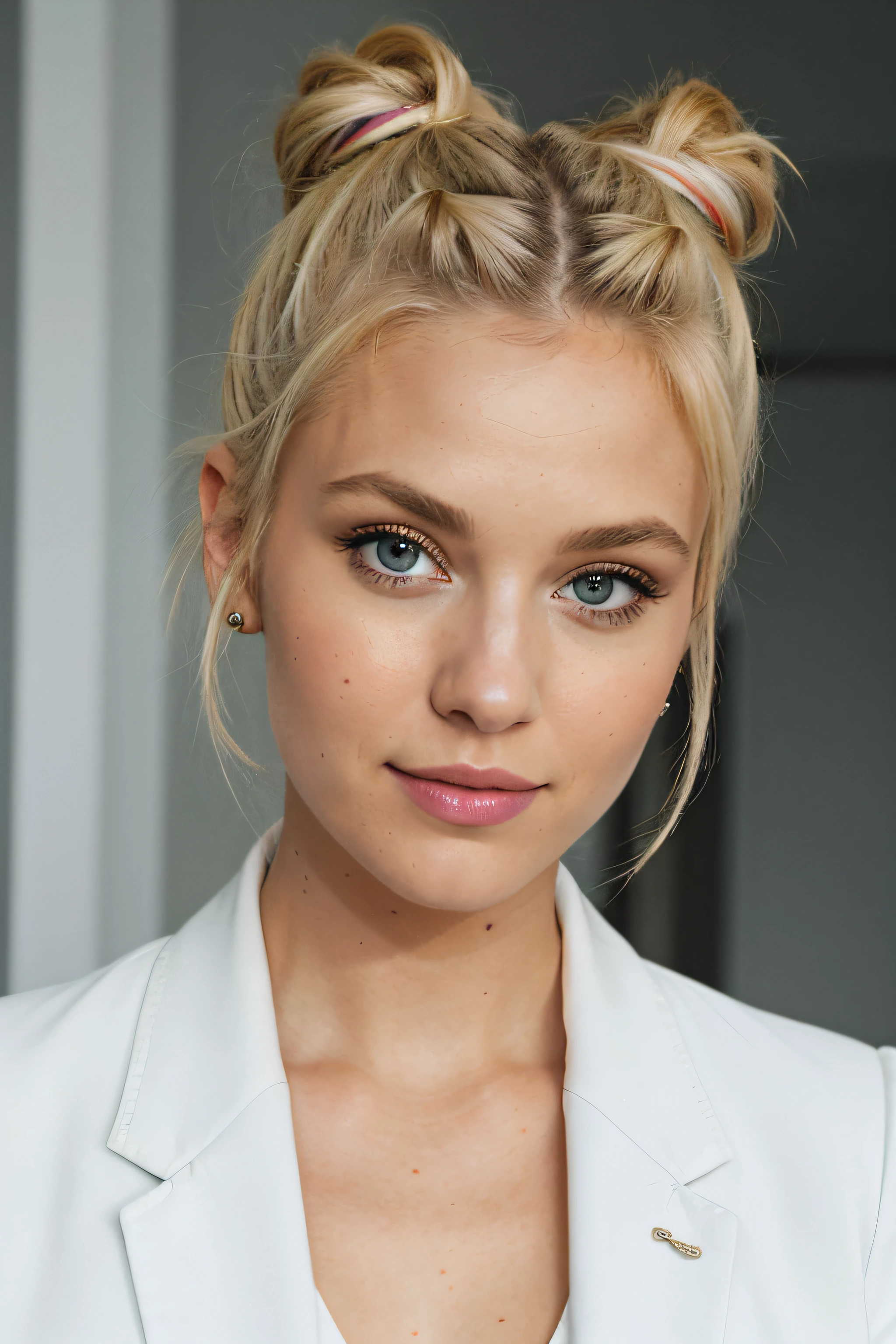 an eye contact of a blonde with 'messy space buns' in white blazer