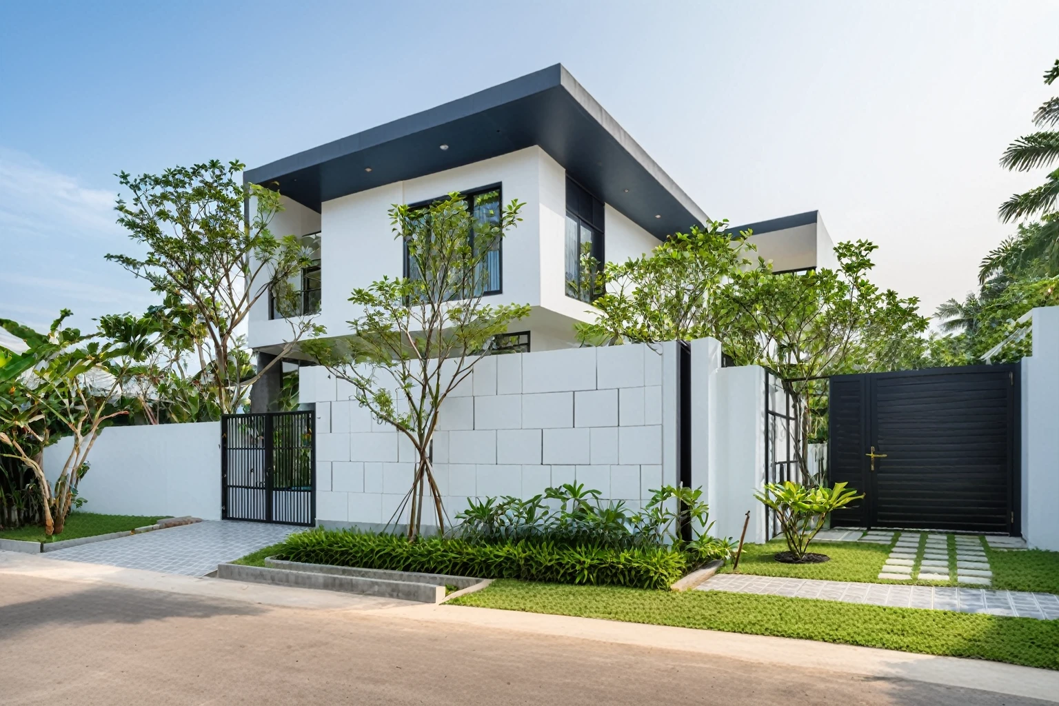 RAW photo , A white minimalism woodandwhite modern house with a double story and simple architecture, surrounded by trees in the yard of Vietnam, featuring a black metal gate and fence, landscape design, natural light, clear sky, blue background, high resolution photography, architectural photography, architectural appearance. The building has square windows made from white ceramic tiles, while the walls feature grid designs, There is also an entrance to another home nearby in the style of architectural photography, road, sidewalk, sidewalk trees, 8k uhd, dslr, soft lighting, high quality, film grain, Fujifilm XT3
