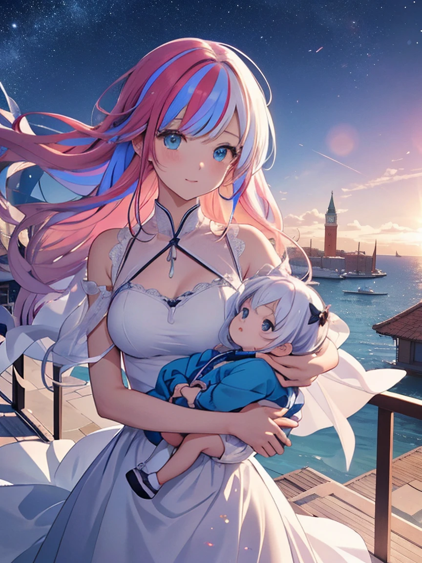 EbonyGoldAIのmasterpiece, 最high quality, high quality, High resolution, (((Beautifully detailed skies))),, growing upな(growing up, wonderful), vision(View), wonderful光景, High resolution, ((Best Shadow)), Night Sky, moonlight, ((Very detailedな)), (Best illustrations), ((Very delicate and beautiful)), Dynamic Angle,high qualityの画像品質, quiet, far_Away{{masterpiece}}, 最high quality, Very detailedな CG ユニティ 8k 壁紙, Cinema Lighting, Lens flare, Beautiful details in the eyes, black, Glancing sideways, Multicolored Hair, colorful light, particle, Heterochromia iridis, (colorful:1.5), (colorful hair:1.5),{{masterpiece}}, 最high quality, Very detailedな CG ユニティ 8k 壁紙, Cinema Lighting, Lens flare, Beautiful details in the eyes, black, Glancing sideways, Multicolored Hair, colorful light, particle, Heterochromia iridis, (colorful:1.5), (colorful hair:1.5),masterpiece, 最high quality, Official Art, 8k wallpaper, Very detailed, Very delicate and beautiful, wonderful, In detail, masterpiece, Very detailedな, High resolution,Best illustrations, Best Shadow,Complex,Sharp focus, high quality, A young father holds his little twins, a boy and a girl, tightly and warmly in his arms、Depict a scene filled with love and security.。My father is on his way home from work..、Children are innocent and carefree。background, A clear blue sky spreads out.、Italy in Summer、View of a stylish modern mansion in Venice。Bright sunlight illuminates the house and sparkling sea.。 In fact, this30The father of this generation is the former Constantine.1thisが世界だ.、Male and female twins、Formerly known as Crispus and Fausta。The whole scene、atonement、forgiveness、healing、refined、And the theme of repairing relationships was emphasized..、It expresses the moment when family love and bonds deepen..