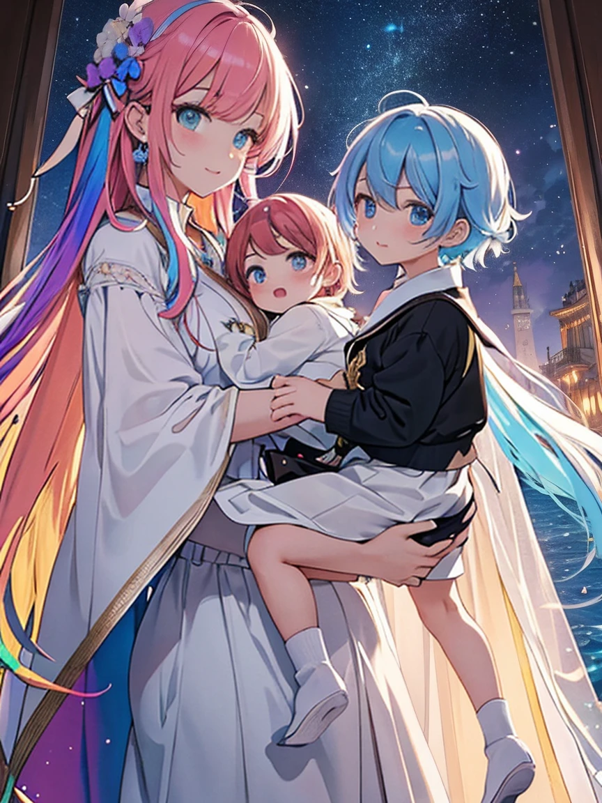EbonyGoldAIのmasterpiece, 最high quality, high quality, High resolution, (((Beautifully detailed skies))),, growing upな(growing up, wonderful), vision(View), wonderful光景, High resolution, ((Best Shadow)), Night Sky, moonlight, ((Very detailedな)), (Best illustrations), ((Very delicate and beautiful)), Dynamic Angle,high qualityの画像品質, quiet, far_Away{{masterpiece}}, 最high quality, Very detailedな CG ユニティ 8k 壁紙, Cinema Lighting, Lens flare, Beautiful details in the eyes, black, Glancing sideways, Multicolored Hair, colorful light, particle, Heterochromia iridis, (colorful:1.5), (colorful hair:1.5),{{masterpiece}}, 最high quality, Very detailedな CG ユニティ 8k 壁紙, Cinema Lighting, Lens flare, Beautiful details in the eyes, black, Glancing sideways, Multicolored Hair, colorful light, particle, Heterochromia iridis, (colorful:1.5), (colorful hair:1.5),masterpiece, 最high quality, Official Art, 8k wallpaper, Very detailed, Very delicate and beautiful, wonderful, In detail, masterpiece, Very detailedな, High resolution,Best illustrations, Best Shadow,Complex,Sharp focus, high quality, A young father holds his little twins, a boy and a girl, tightly and warmly in his arms、Depict a scene filled with love and security.。My father is on his way home from work..、Children are innocent and carefree。background, A clear blue sky spreads out.、Italy in Summer、View of a stylish modern mansion in Venice。Bright sunlight illuminates the house and sparkling sea.。 In fact, this30The father of this generation is the former Constantine.1thisが世界だ.、Male and female twins、Formerly known as Crispus and Fausta。The whole scene、atonement、forgiveness、healing、refined、And the theme of repairing relationships was emphasized..、It expresses the moment when family love and bonds deepen..