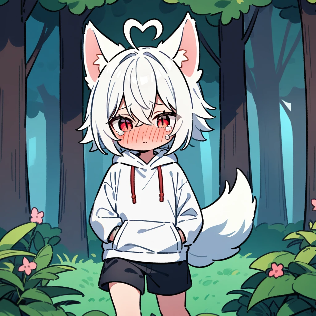 （masterpiece：1.2，high quality），4K，High resolution，A seven-year-old boy，cute boy，white hair，short hair，crossed bangs，red eyes，slit pupils，heart ahoge，cat ears，full-face blush，expressionless eyes，tears，Wearing a white hoodie，Black shorts，Stand in the forest，There are flowering trees on both sides.，primary school student，thigh，alone，dog tail，（Put your hands in your pockets），（（Put your hands in your pockets））