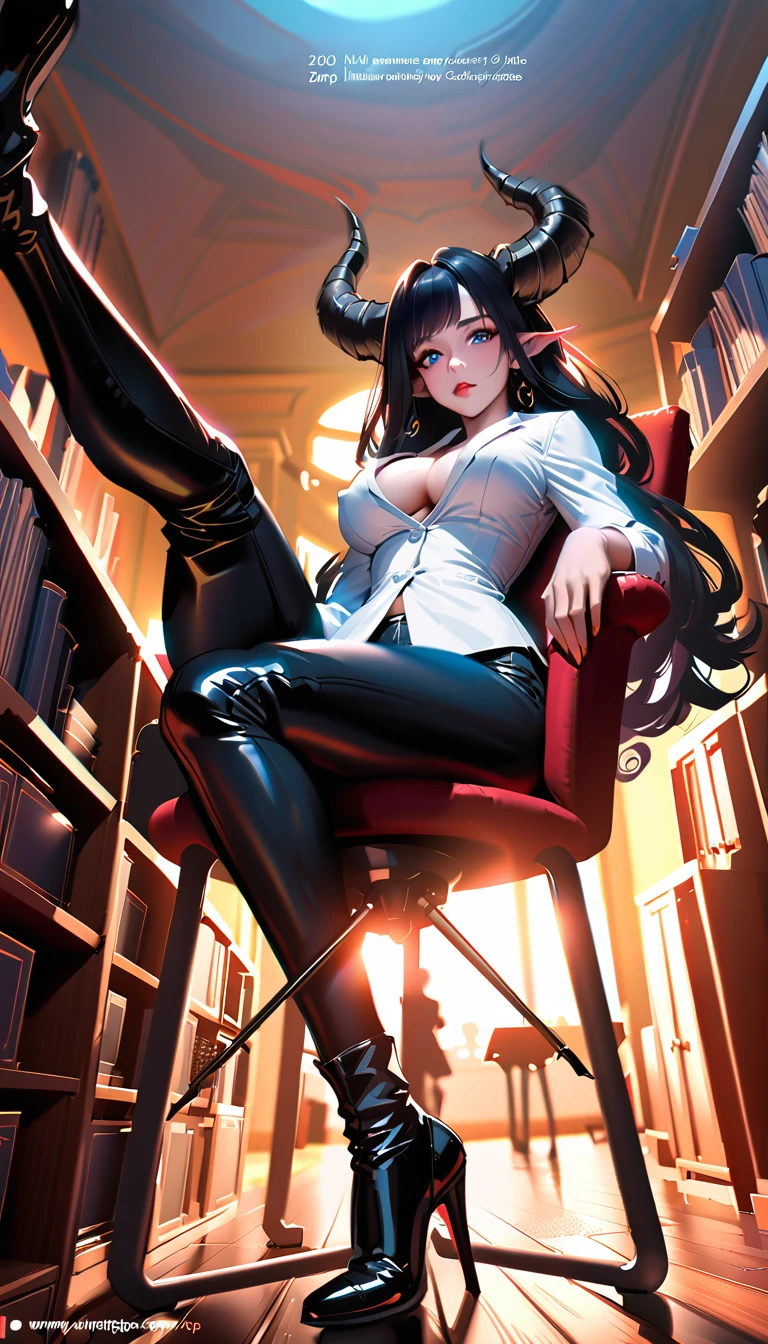 best quality,4k,8k,highres,masterpiece:1.2),ultra-detailed, extremely detailed eyes, extremely detailed body, (large masterpiece digital art), (detailed manga illustration), (detailed line art), ((perfect anatomy)), (intricate details:1.3), (ultra-detailed:1.3), (illustration:1.3), (sharp focus:1.3), (natural lighting:1.05), (vivid colors:1.3), (masterpiece), (best quality:1.4), (perfect anatomy:1.4), high quality, expressive eyes, full body, detailed face, beautiful face, perfect face, 1 girl, large breasts, very long hair, black hair, curly hair, wild hair, detailed hair, white dress shirt, black pants, pale skin, sapphire-blue eyes, demon, blue halo, sheep horns, curled horns, (horizontal pupils), sexy face, pointy ears, splash art, the demon girl, curvy, sitting in an office chair at a desk with feet on desk, black high heels, cinematic lighting, dramatic atmosphere, Atey Ghailan, Jeremy Mann, Greg Manchess, Antonio Moro, trend in ArtStation, trend in CGSociety, Intricate, High Detail, Sharp focus, dramatic and photorealistic painting art by Midjourney and Greg Rutkowski, Jeff Bridges, ((cartoon style)), Marvel Cinematic Universe style, (((darkly lit office in the background))),